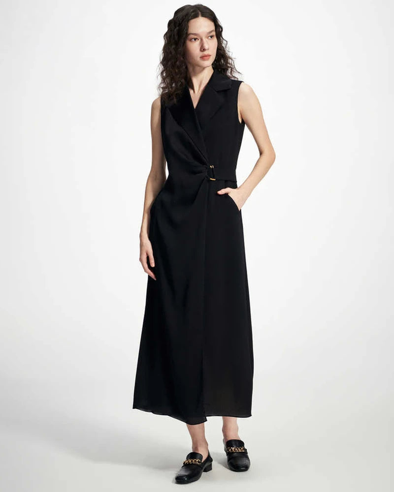 Black Silk Wrap Blazer Midi Dress, Black