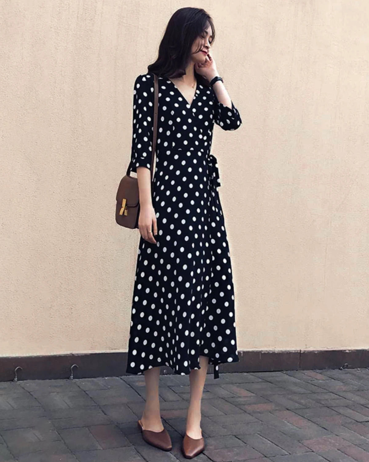 Polka Dot Silk Wrap Dress, Black And White
