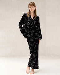 Black Zodiac Print Long Sleeve Silk Pajama Set