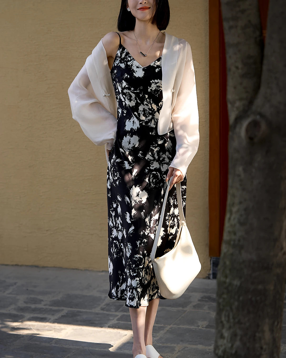 Silk Floral Print Dress, Black and White
