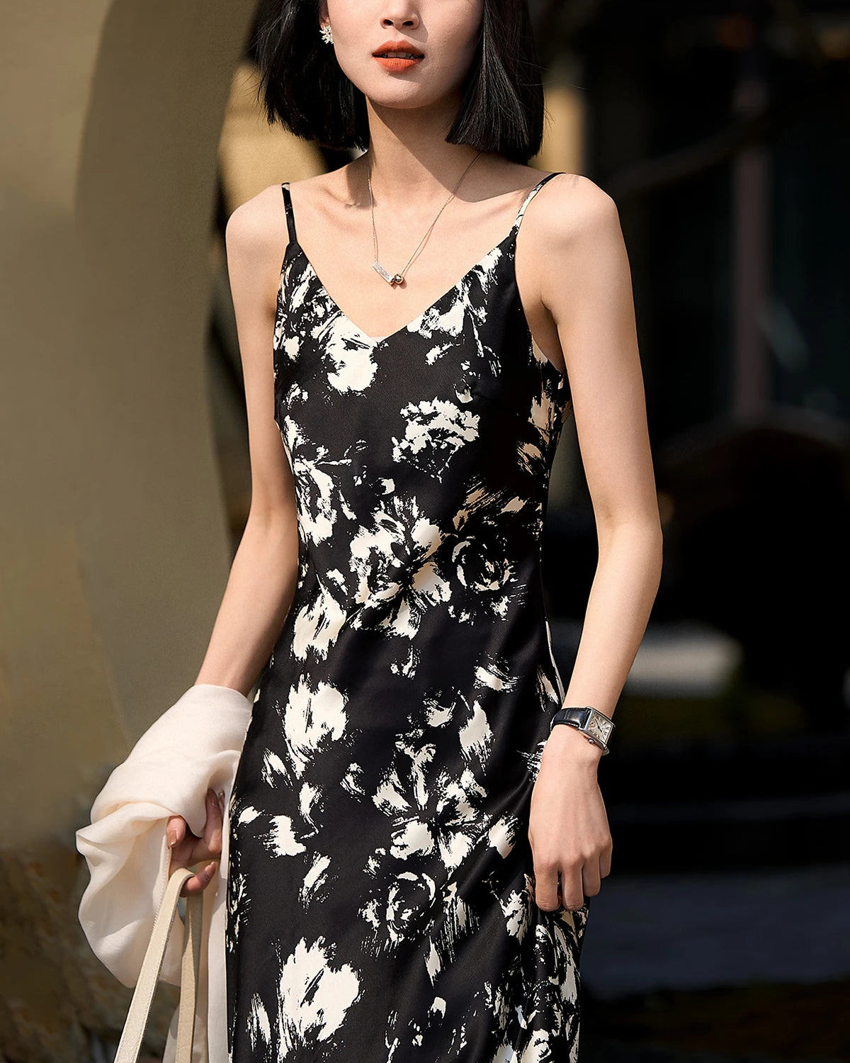 Silk Floral Print Dress, Black and White