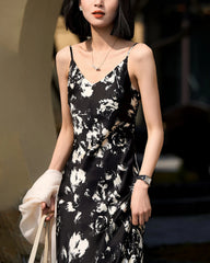 Silk Floral Print Dress, Black and White