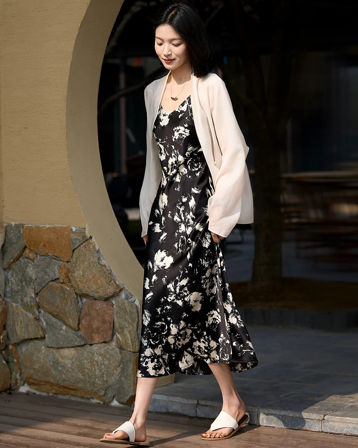 Silk Floral Print Dress, Black and White