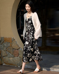 Silk Floral Print Dress, Black and White