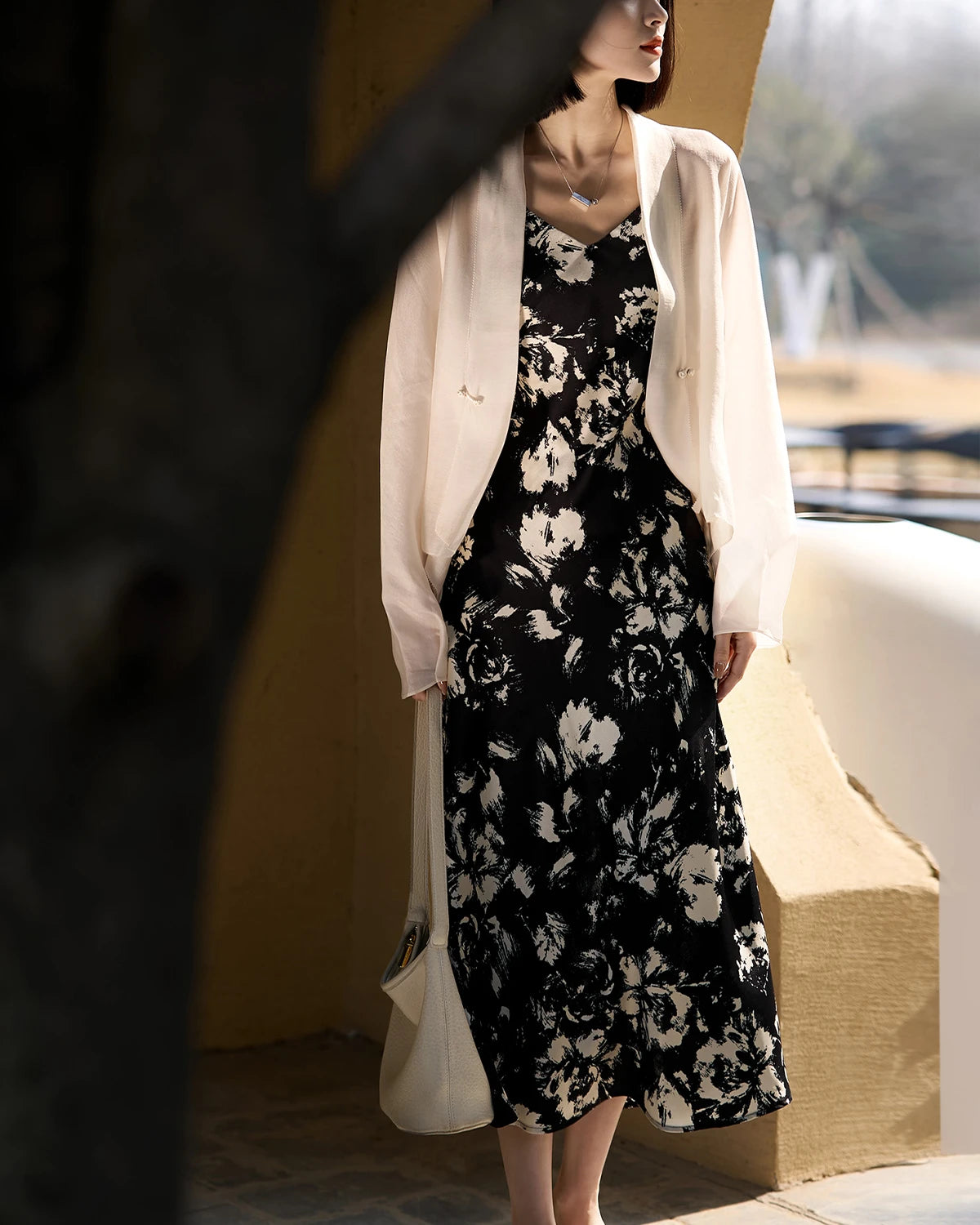 Silk Floral Print Dress, Black and White