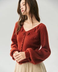 Cashmere Silk Ribbed V-Neck Floral Cardigan