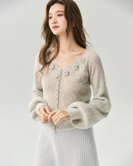 Cashmere Silk Ribbed V-Neck Floral Cardigan