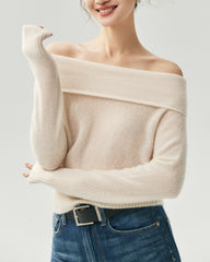 Cashmere Silk Off-Shoulder Fold-Over Sweater