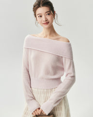 Cashmere Silk Off-Shoulder Fold-Over Sweater