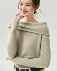 Cashmere Silk Off-Shoulder Fold-Over Sweater