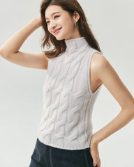 Cashmere Silk Cable Knit Mock Neck Sweater Vest