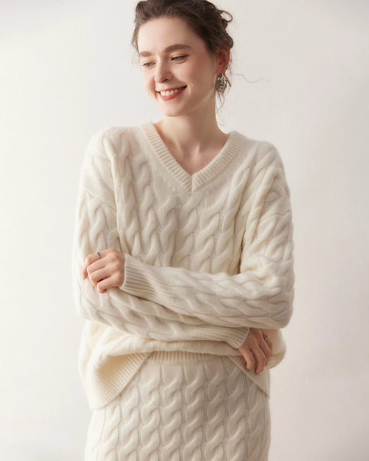 Cashmere Wool Cable Knit Sweater and Skirt Set