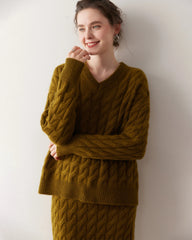 Cashmere Wool Cable Knit Sweater and Skirt Set