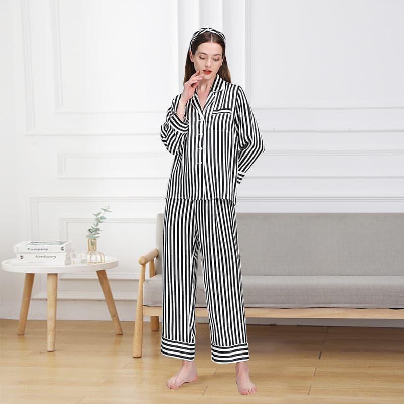 Classic Striped Silk Pajamas, Black