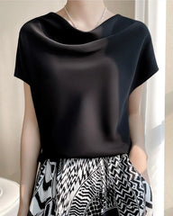 Cowl Neck Cap Sleeve Silk Blouse, Black