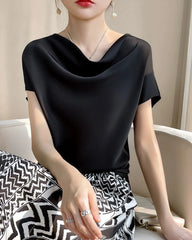 Cowl Neck Cap Sleeve Silk Blouse, Black