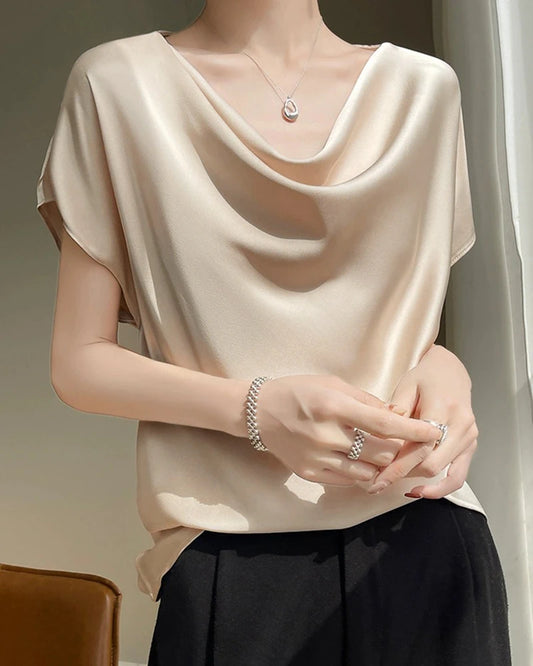 Cowl Neck Cap Sleeve Silk Blouse, Champagne
