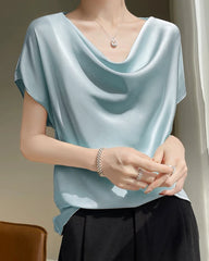 Cowl Neck Cap Sleeve Silk Blouse, Haze Blue