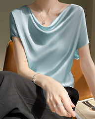 Cowl Neck Cap Sleeve Silk Blouse, Haze Blue