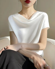 Cowl Neck Cap Sleeve Silk Blouse, White