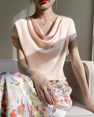 Cowl Neck Cap Sleeve Silk Blouse, Pink