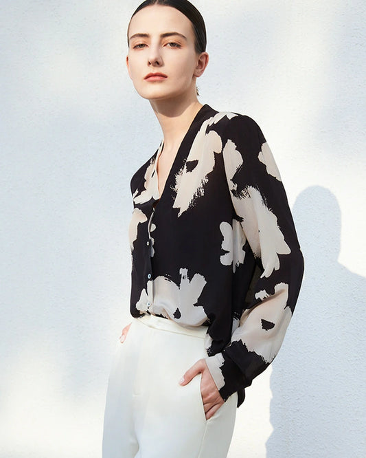 V Neck Floral Silk Blouse Long Sleeve
