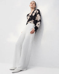 V Neck Floral Silk Blouse Long Sleeve