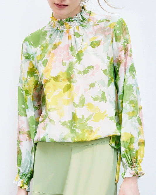 Floral Silk Blouse with Ruffles, Green
