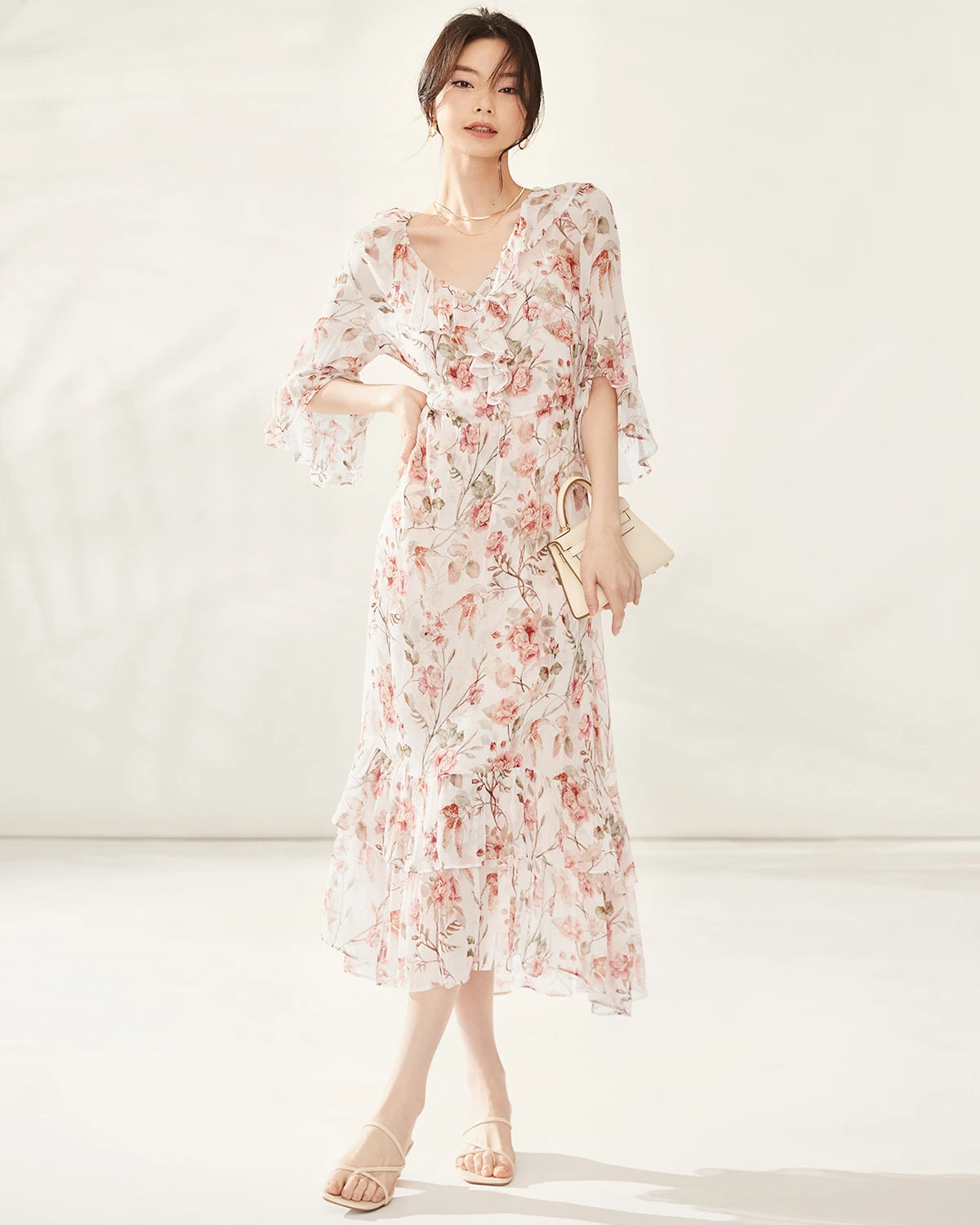 Silk Garden Party Dress, Cream and Pink
