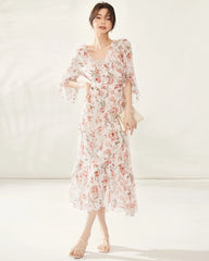 Silk Garden Party Dress, Cream and Pink