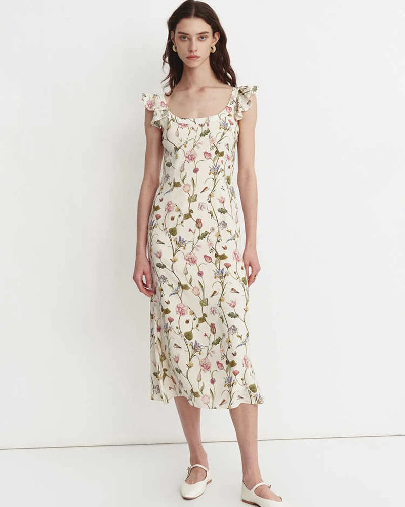 Floral Ruffle Shoulder Silk Dress, Floral Print