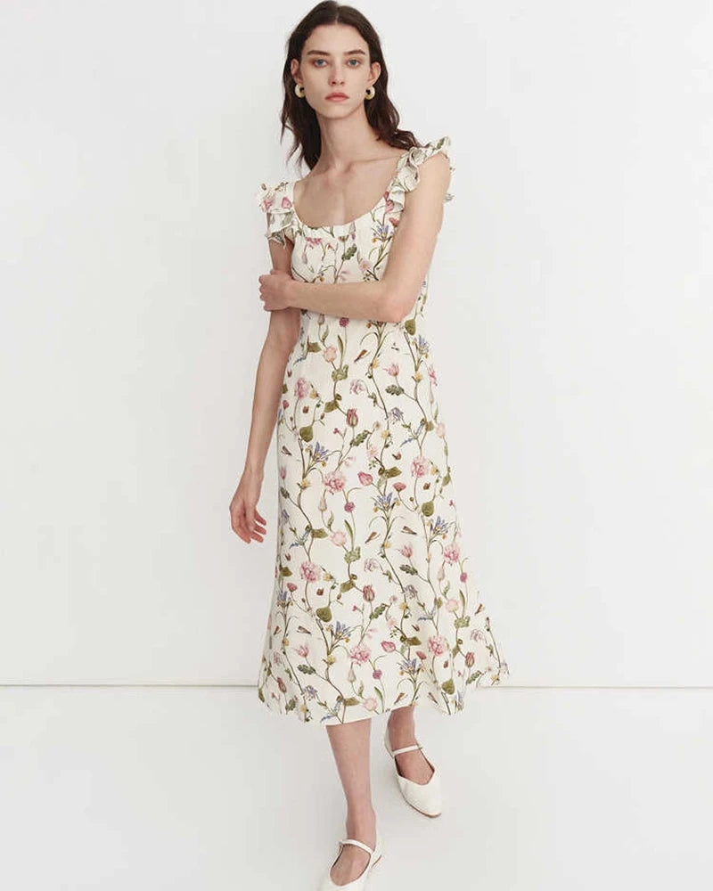 Floral Ruffle Shoulder Silk Dress, Floral Print