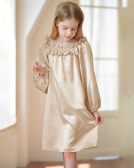 Girls Long Sleeve Ruffled Silk Nightgown