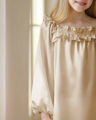 Girls Long Sleeve Ruffled Silk Nightgown