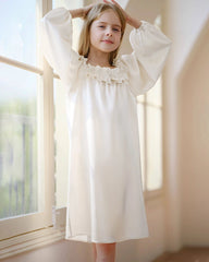 Girls Long Sleeve Ruffled Silk Nightgown