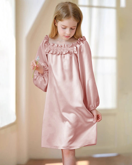 Girls Long Sleeve Ruffled Silk Nightgown