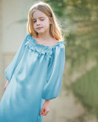 Girls Long Sleeve Ruffled Silk Nightgown