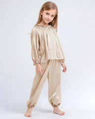 Girls Long Sleeve Ruffle Trim Silk Pajama Set