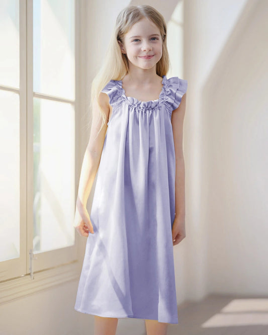 Girls Silk Nightgown with Double Ruffle Sleeves