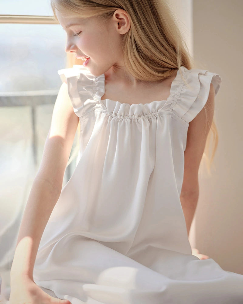 Girls Silk Nightgown with Double Ruffle Sleeves - DAISYSILK UK