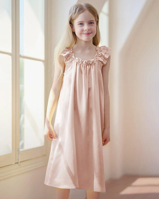 Girls Silk Nightgown with Double Ruffle Sleeves - DAISYSILK UK