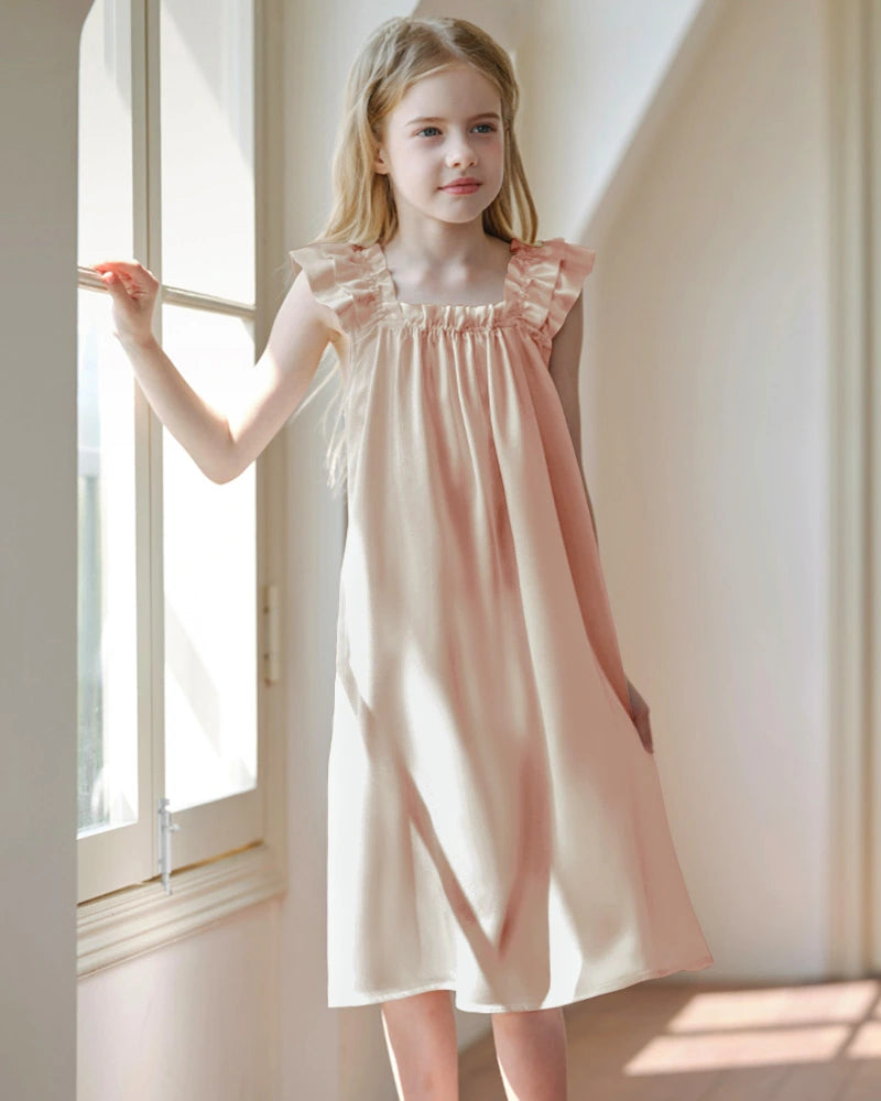 Girls Silk Nightgown with Double Ruffle Sleeves - DAISYSILK UK