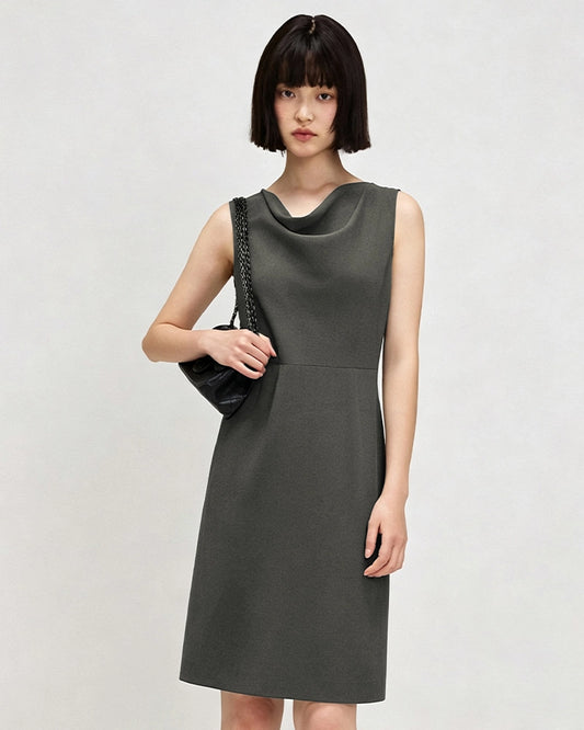 Triacetate Cowl Neck A Line Knee Length Dress
