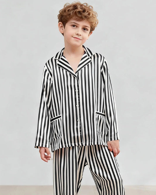 Striped Kids Silk Pajama Set with Pockets