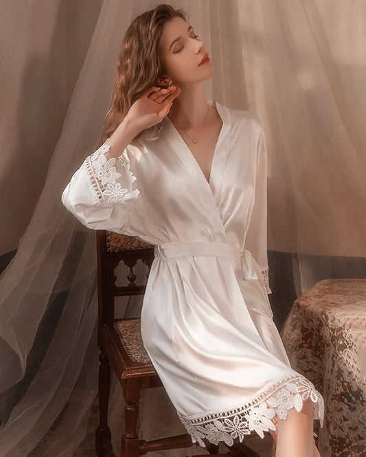 Washable Silk Lace Bridal Robe, White