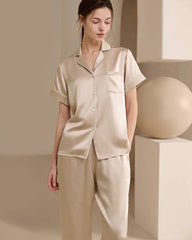 Washable Silk Short Sleeve Long Pants Pajama Set, Champagne