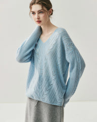 V-Neck Cable Knit Silk Cashmere Pullover