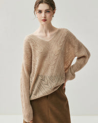 V-Neck Cable Knit Silk Cashmere Pullover