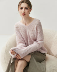 V-Neck Cable Knit Silk Cashmere Pullover