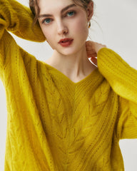 V-Neck Cable Knit Silk Cashmere Pullover